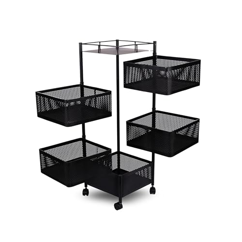 Image of KITCHIVO Kitchen Storage Rack | Revolving Vegetable Rack | Square Multipurpose Storage Trolley with Wheels | Metal Fruit Rack (Black, 5 Layer)