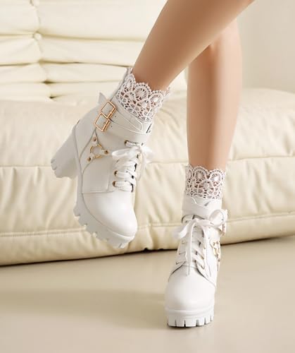 BEAUPAS Women's Gothic Combat Boots Lace Up Platform Ankle Boots with Buckles Chunky High Heel4
