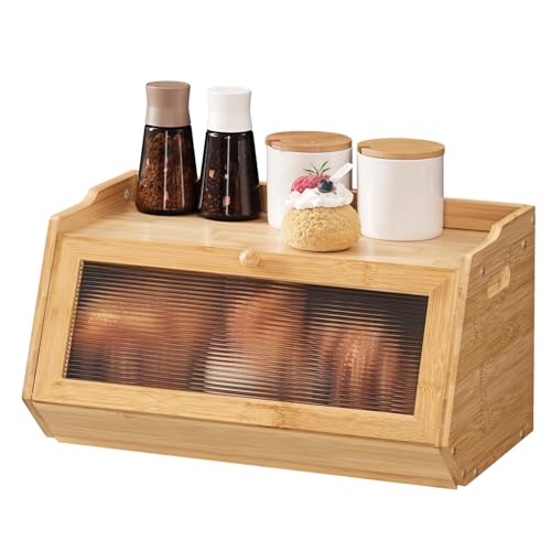 HOOBRO Bread Box, Bamboo Bread Box for Kitchen Countertop, Farmhouse Bread Storage Box with Acrylic Window, Bread Holder with Drop-Down Door, for Food Storage, Natural EYL30MB01 - Cosy Home Interiors HOOBRO Bread Box, Bamboo Bread Box for Kitchen Countertop, Farmhouse Bread Storage Box with Acrylic Window, Bread Holder with Drop-Down Door, for Food Storage, Natural EYL30MB01