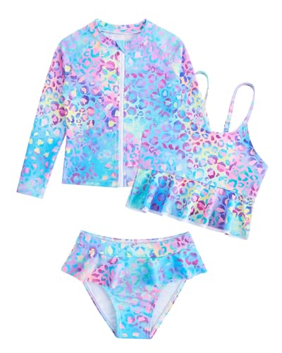 Image of WYTbaby 3-Piece Girls Swimming Costume Rash Guard Set Long Sleeve Ruffle Shorts Tankini Sets Girls Swimsuit 4-5 Years