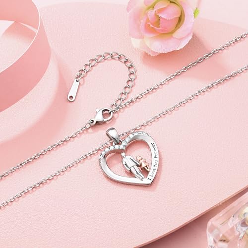 UNGENT THEM Daughter Love You Forever Heart Pendant Necklace from Dad, Birthday Christmas Valentine's Day Gifts for Teen Girls Women, Stainless Steel, Cubic Zirconia