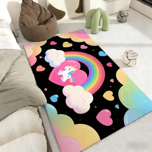 PEIHUODAN Alfombra Habitación Niña Unicornio Arcoíris Rosa Negro 3D, Cachemira de Imitación Suave, Antideslizante Alfombras para Salón, Decorativas Tapete de Cama, Zona de Juegos (Color 2,60x90 cm)