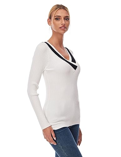 Image of AmelieBoutik Women Casual Color Trim V Neck Long Sleeve Ribbed Sweater Tops