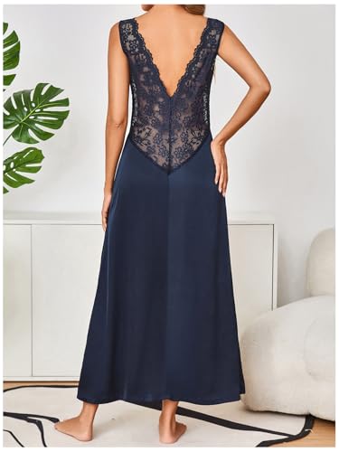 Image of WDIRARA Women's Satin Sleepwear Nightgown | Lace, Backless, Deep V Neck, Sleeveless, Long