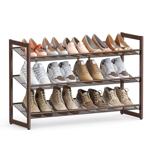SONGMICS Shoe Rack, 3-Tier Shoe Organizer, Metal Shoe Storage for Garage, Stackable Shoe Shelf, with Adjustable Flat or Angled Shelves, 9-12 Pairs, Bronze ULMR03A Bronze 3 Tiers (29.1''W)