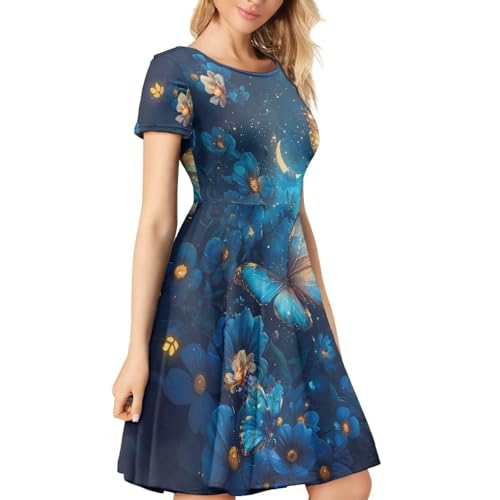 Image of HUGS IDEA Womens Puffy Swing Midi Dress Round Neck Short Sleeve Party A-Line Dresses