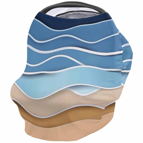 Abstract Gradient Art Nursing Cover for Breastfeeding Scarf, Navy Blue Beige Waves Baby Car Covers Super Soft Multi Use for Canopy Shopping Cart Cover Blanket Stroller Cover