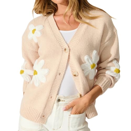 Womens Flower Knit Cardigans Long Sleeve Button-up Aesthetic 90s Knitted Fall Sweater Cardigans Tops (Pale Pink, S)