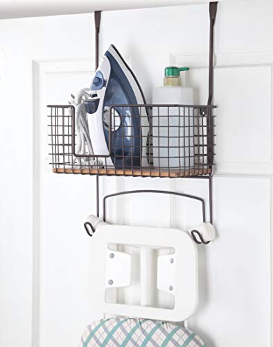 SunnyPoint Metal Wall Mount/Over The Door Ironing Board Holder with Large Storage Basket (ORB, 12" X 7" X 5.5" (Basket Size))
