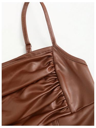 Milumia Women's Ruched Faux Leather Bustier Top Spaghetti Straps Corset Crop Tops3