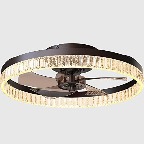 QUMFIXPU 19.7in Ceiling Fans with Lights Semi Flush Mount Low Profile Fan Light Timing with Dimming LED Remote Control 6-Level Wind Speed 5 Reversible Invisible Blades (Brown)