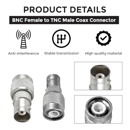 Image of MX TNC Male to BNC Female Connector - Coaxial Adapter for RF Antenna, CCTV, Ham Radio, Test Equipment, 50-Ohm Coax Cable, Wireless Systems, RF Signal Transmission