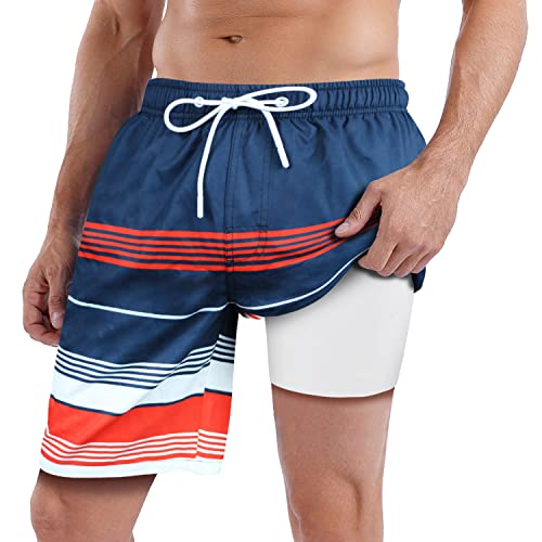 QRANSS Mens Swimming Trunks with Compression Liner 9'' Quick Dry Long Swim Shorts Swimwear Boardshorts with Boxer Brief Liner
