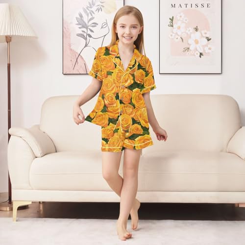 ALAZA Yellow Rose Flower Leaves Pajamas Satin Pajama Set Short Sleeve Button Down Sleepwear3
