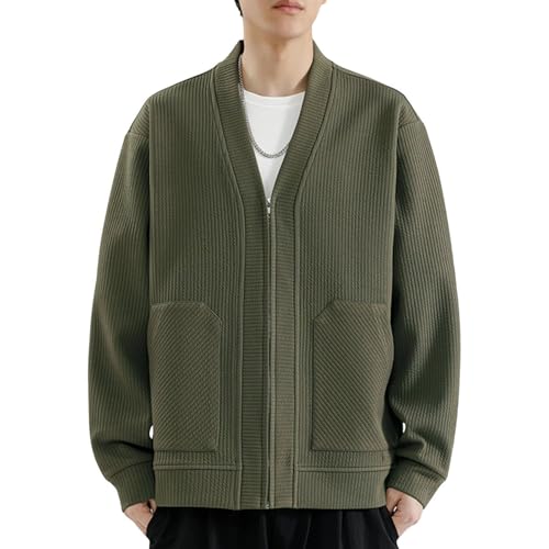 Men's Full-Zip Cardigan Sweater Solid Color V Neck Knitwear Ribbed Knitted Sweater with Pockets