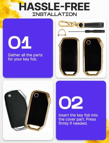 Image of Lucrum Key Fob Cover for Kia, TPU KeyFob Case & Leather Keychain | Fits ONLY FLIP Cadenza Forte K5 Niro Seltos Sorento Soul Sportage, 4 Button Keyfob Case (2018-2025) - Black and Gold