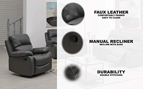 Bravich LUXURY Grey Black Bonded Leather Recliner Sofa Set Seater Reclining Sofa Suite Settee Couch Lounge Home Lounge Armrest Footrest - Image 6