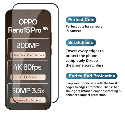 Image of HD Tempered Glass Screen Protector Compatible for Reno 15 Pro 5G, Reno 15 Pro Max 5G with Edge to Edge coverage and Easy Installation kit