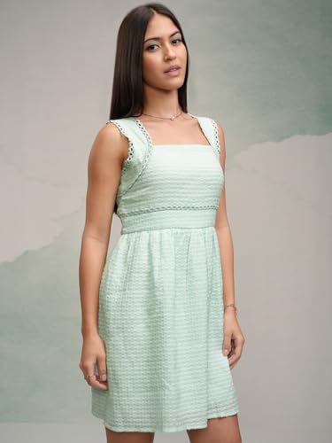 Image of Tokyo Talkies Women's Sleeveless Square Neck Self Design Dresses | Stylish Dresses | Casual Dresses