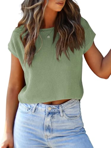 Image of LCXWFE Womens Summer Cropped Sweater Vest Trendy Cap Sleeve Crop Tops Crew Neck Loose Knit Tank Top