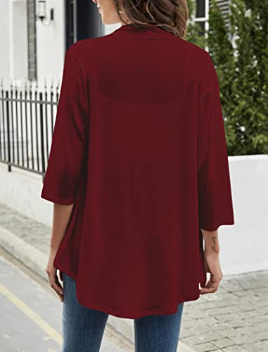 Image of Yekaty Women Cardigan 3 /4 Sleeves Open Front Lightweight Cardigan Draped Ruffles Knit Cardigan
