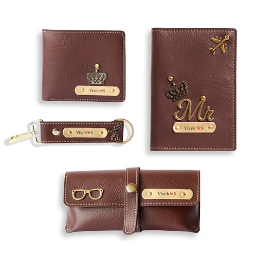 Image of Personalised Mens Combo Gift (4 pcs) Customized Leather Mens Wallet, Key Chain, Eyewear Case and Passport Cover with Name | Best Gift for Brother, Husband, Boyfriend, Father (Brown)