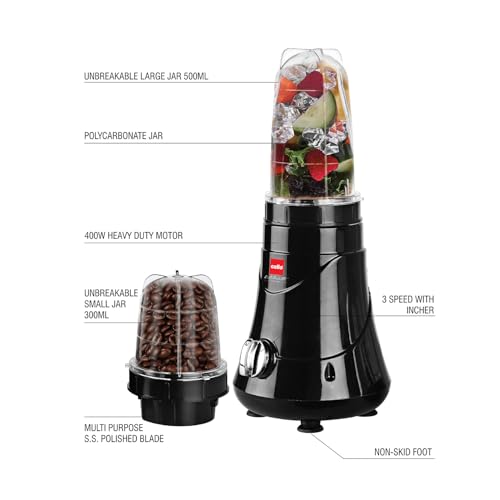 Image of Cello Kitchenette Collection Blend-N-Grind Nutrifit Mixer Grinder, 400W, 3 Speed Control, 2 Jars, Juicer Jar, Black