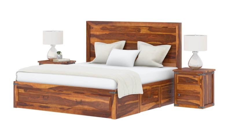 Image of Arman HANDICRAFTS Mango Wood King Size Bed with Drawer Storage | Wooden Platform Bed Frame with 4 Storage Drawers | Modern Bedroom Furniture | Honey Finish
