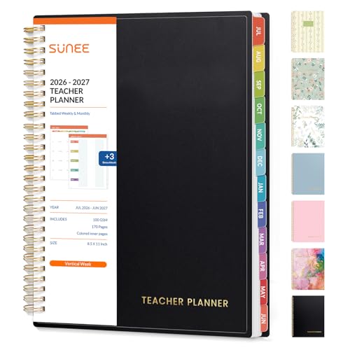 SUNEE Teacher Planner 2026-2027 Academic Year Lite Lesson Planner Book with 7 Periods Jul 2026 - Jun 2027 8.5x11 Daily Weekly and Monthly Organizers Plan Book with Pocket Folder Color Tabs Black