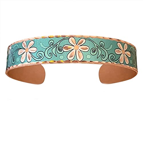 Bracelet manchette en cuivre fait main motif floral art à l'encre
