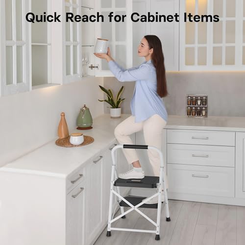 Image of BONTEC 2-Step Ladder, Folding Step Stools for Adults with Wide Anti-Slip Pedals, Max Load Capacity 600lbs Sturdy Steel Ladder, Lightweight, Convenient Handle, Portable Steel Step Stool, White