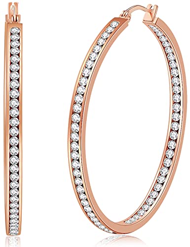 Large Rose Gold Stainless Steel Hoop Earrings for Women, Big Hypoallergenic Hoops Earring ARSKRO Huge Cubic Zirconia Rhinestone Crystal Basketball 50mm 2 inch Ear Ring Jewelry Gifts for Women Mens