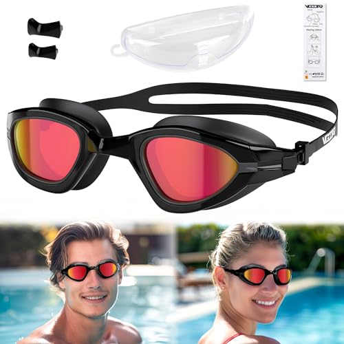 Vgooar Swimming Goggles, Adult Anti Fog UV Protection No Leaking 180 Degree Vision Swimming Goggles with Replaceable Nose Bridge and Adjustable Strap for Men, Women (All Black/Red Mirrored Lens)