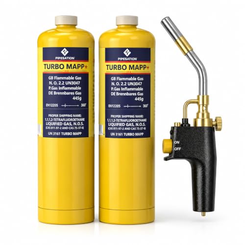 Super Total Fire Blow Torch Kit and 2 x Mapp+ Gas Cylinder | Blowtorch & Map Gas Canisters for Soldering Brazing Thawing Heat Treatment | Gas Blow Torch Plus Gas Map+ Gas Included | Trade Pack