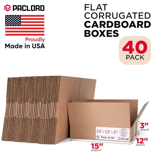 Image of Flat Cardboard Boxes 15 inchL x 12 inchW x 3 inchH (Pack of 40) - USA-Made Packing Boxes for Moving, Shipping, or Storage - USPS, UPS, FedEx Approved - Professional Packing Supplies for Moving | USA-Made Packing Boxes for Moving, Shipping, or Storage - USPS, UPS, FedEx Approved - Professional Packing Supplies