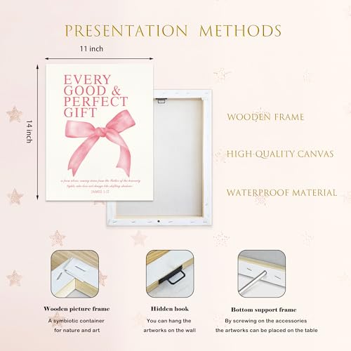 Image of LARTSFRO Coquette Pink Bow Canvas Wall Art Decor Prints Posters, Pink Bow Room Bedroom Bathroom Dorm Wall Art Decor Aesthetic for College Teen Girls Gifts, Inspirational Bible Verses Bow Wall Decor, 11x14 Inch Set of 4 Pcs Bow Pictures (Canvas Framed 11X14)