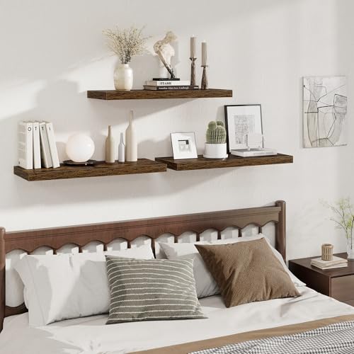 Image of Fun Memories Deep Floating Shelves, 32W x 12D Rustic Brown Wall Shelves, 32 Long Rustic Wood Wide Storage Shelves for Bedroom, Kitchen, Farmhouse, Laundry Room, Bedroom, Kitchen, Home Office- Set of 2
