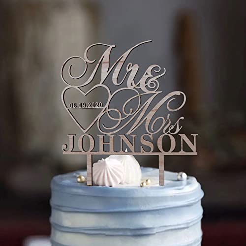 Personalized Mr & Mrs Cake Topper for Wedding,14 Colors Customized Wedding Date And Last Name To Bride and Groom,Rustic Wedding Anniversary Cake Topper