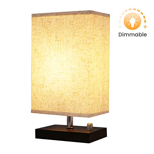 Dimmable Bedside Table Lamp, KINGSO UL Listed Plug In Nightstand Lamp With Dimmer Knob Switch E26 Fabric Shade Minimalist Solid Wooden Base For Bedroom Living Room Foyer Baby's Room Adult Children