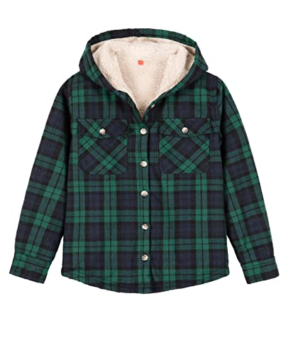 Image of ZENTHACE Boys Sherpa Fleece Lined Flannel Plaid Button Down Shirt Jacket,Hooded Flannel Shirt with Hand Pockets
