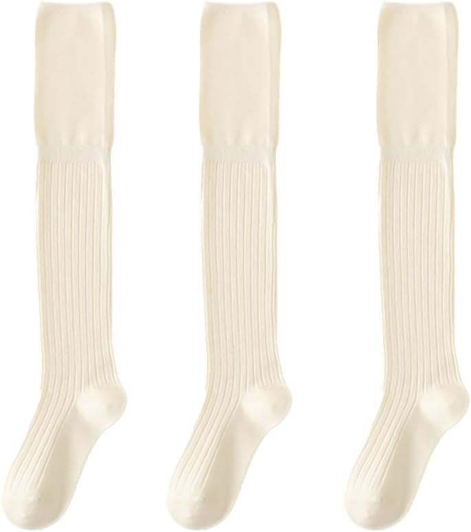 Three pairs Over-the-Knee Cotton Socks, Ribbed Knit, Elastic Fit, Cream White