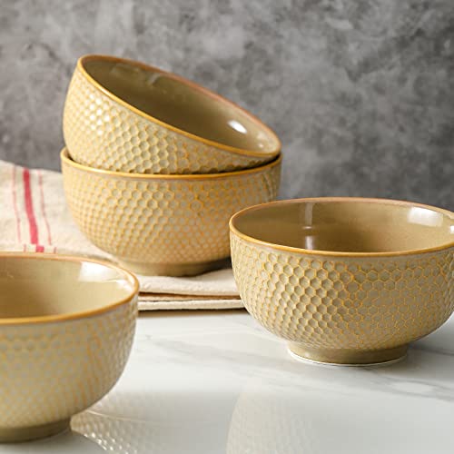 Yelloya 22Oz Yellow Japanese Ceramic Bowls, Embossed Ceramic Cereal Bowls Set Of 4, 5.6 Inch Porcelain Soup Bowl Sets For Snack, Rice, Pasta, Microwave And Oven Safe #TOP5