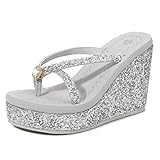 Women's Super High Heel Platform Sequin Diamond Flip Flops Shiny Sequin Wedge Non-Slip Comfortable Flip Flops. (Silver,7)