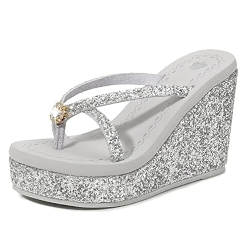 Women's Super High Heel Platform Sequin Diamond Flip Flops Shiny Sequin Wedge Non-Slip Comfortable Flip Flops.