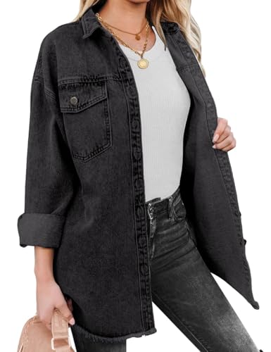 Vetinee Oversized Boyfriend Denim Jean Jacket for Women - Black, Front Button, Raw Hem, Long Sleeve, Pockets - Size 16, 18