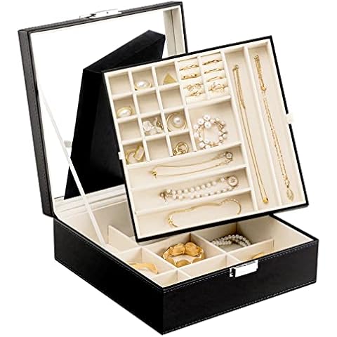 Oyydecor Two-Layer Pu Leather Jewelry Box Organizer Display Storage case Necklace Ring Earring Storage Lockable Gift Case Gifts for Women (Beige) Cover