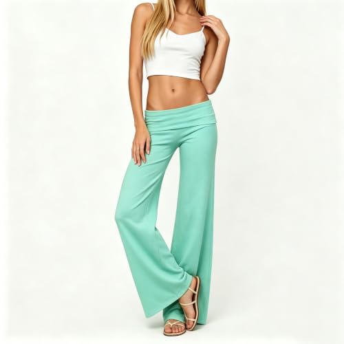 Image of Lounge Yoga Pants for Women Fold Over Low Waist Wide Leg Bell Bottoms