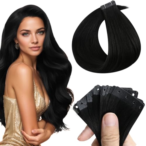 Image of Full Shine Holed Tape in Human Hair Extensions, Jet Black 12 Inch | 30g 20 PCS, Tape in Hair Extensions, Remy Human Hair, Hole Design, Glueless Wear, Thin Hair Support, Straight Style