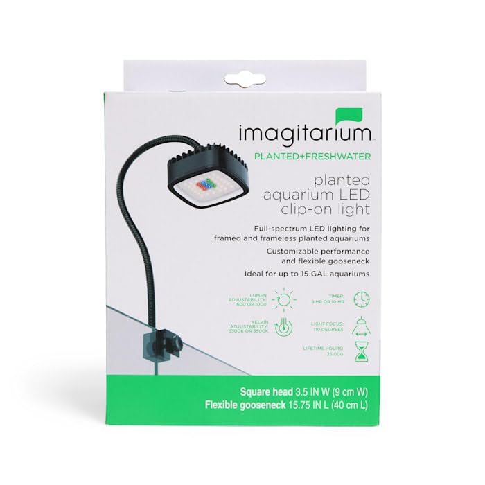 Back of the imagitarium Planted Aquarium LED Clip-on Light packaging, detailing features like light spectrum, gooseneck, controller, and timer functions.