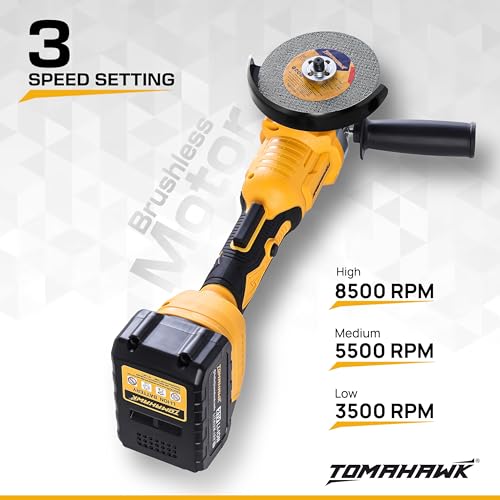 Image of Tomahawk T-32052 21V Cordless Brushless Angle Grinder 4 Inch | 3 Speed Control (8500 /5500 /3500 RPM) | 2 x 3.0Ah Batteries | Trigger Lock | Battery Level Indicator | Home & DIY Use